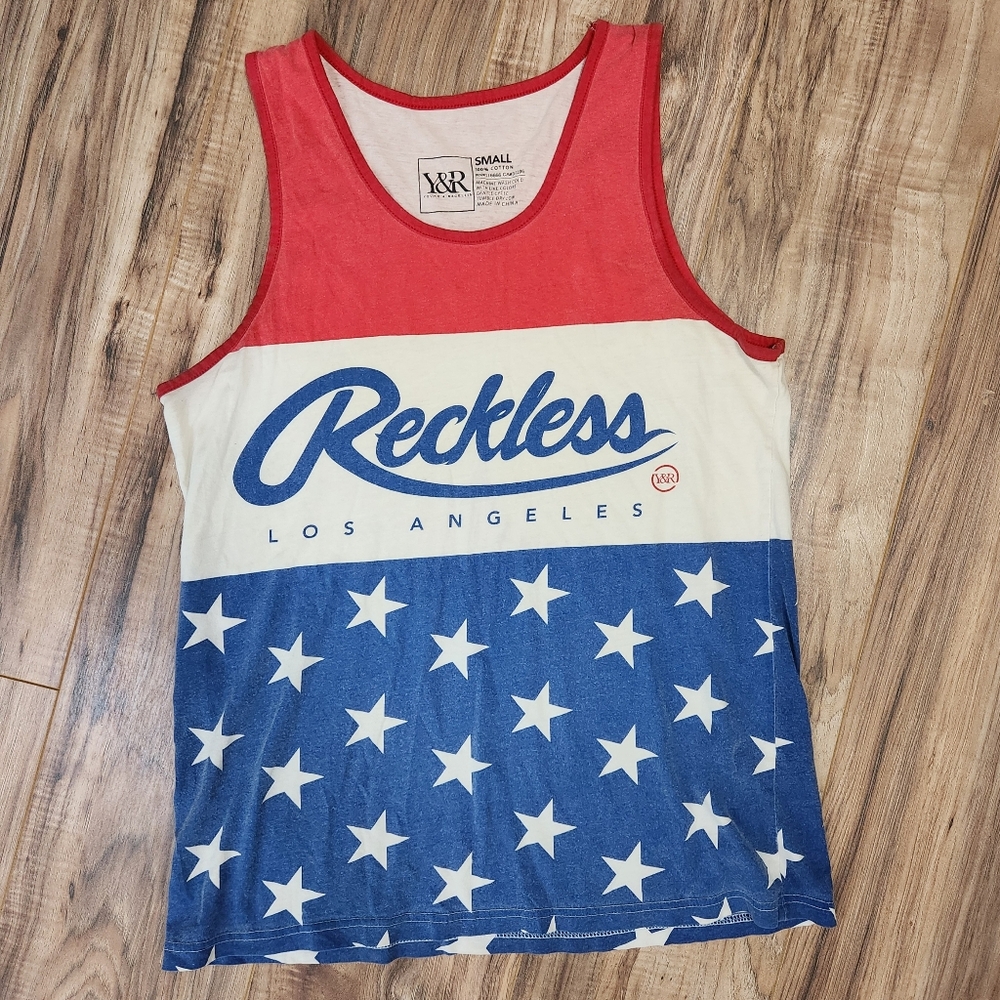 Young & Reckless USA Flag Tank Top Sz Small – Red White Blue Stars Streetwear